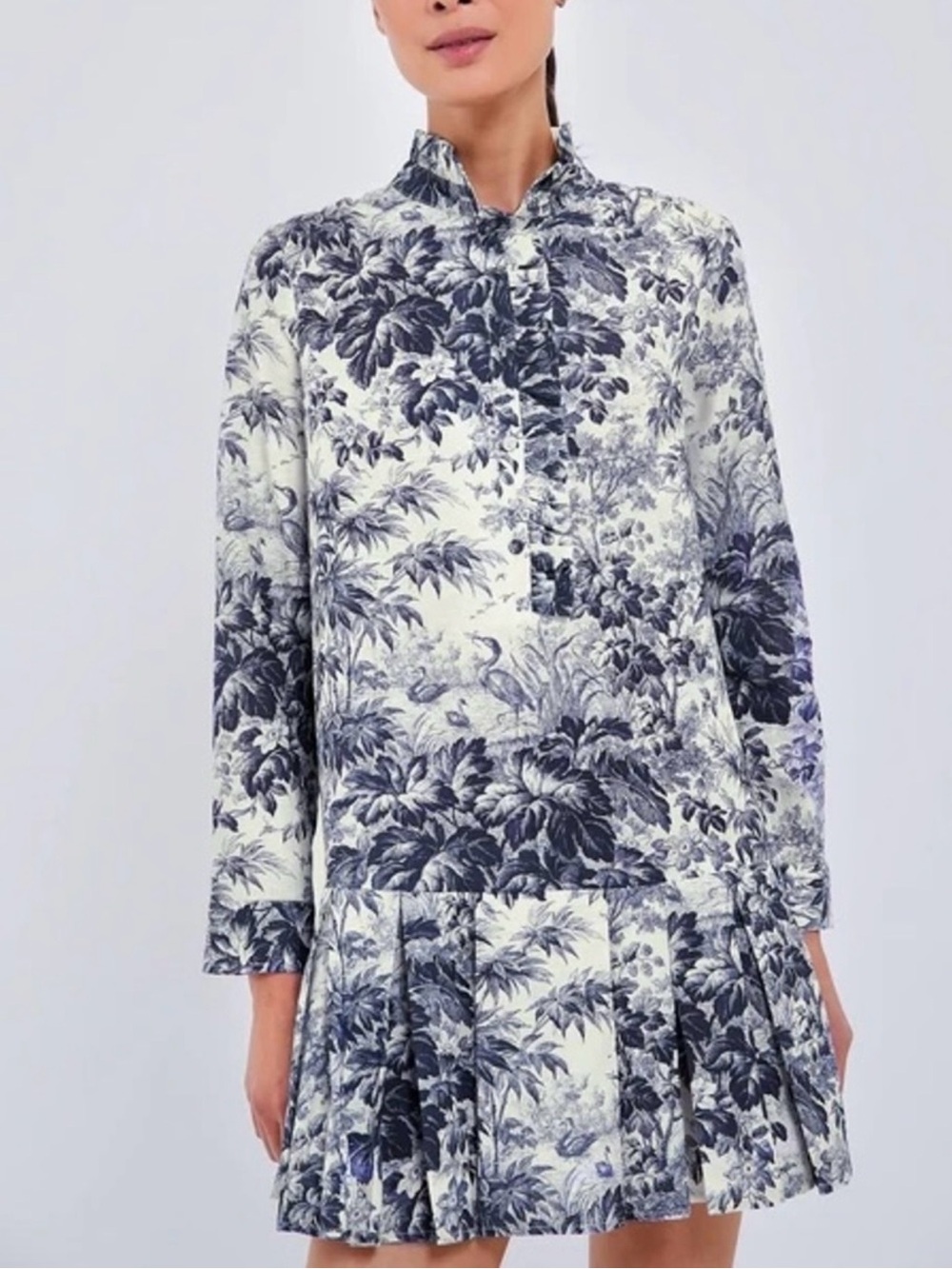 Tuckernuck Blue White Toile Ruffle Mock Neck Linen Blend Dress Size S